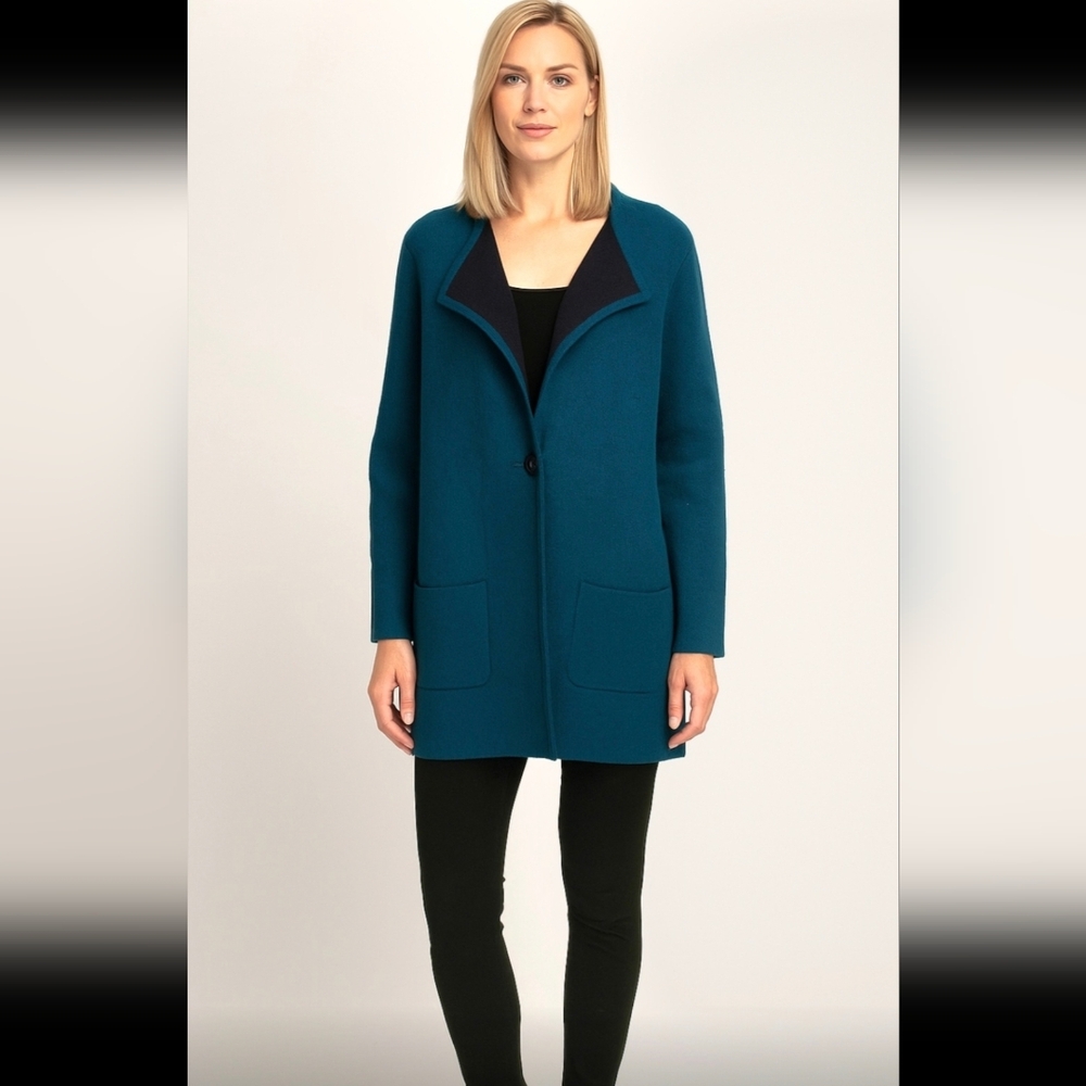 Catherine Malandrino Teal Knit Midi Cardigan Jacket Blazer Wool Blend Medium